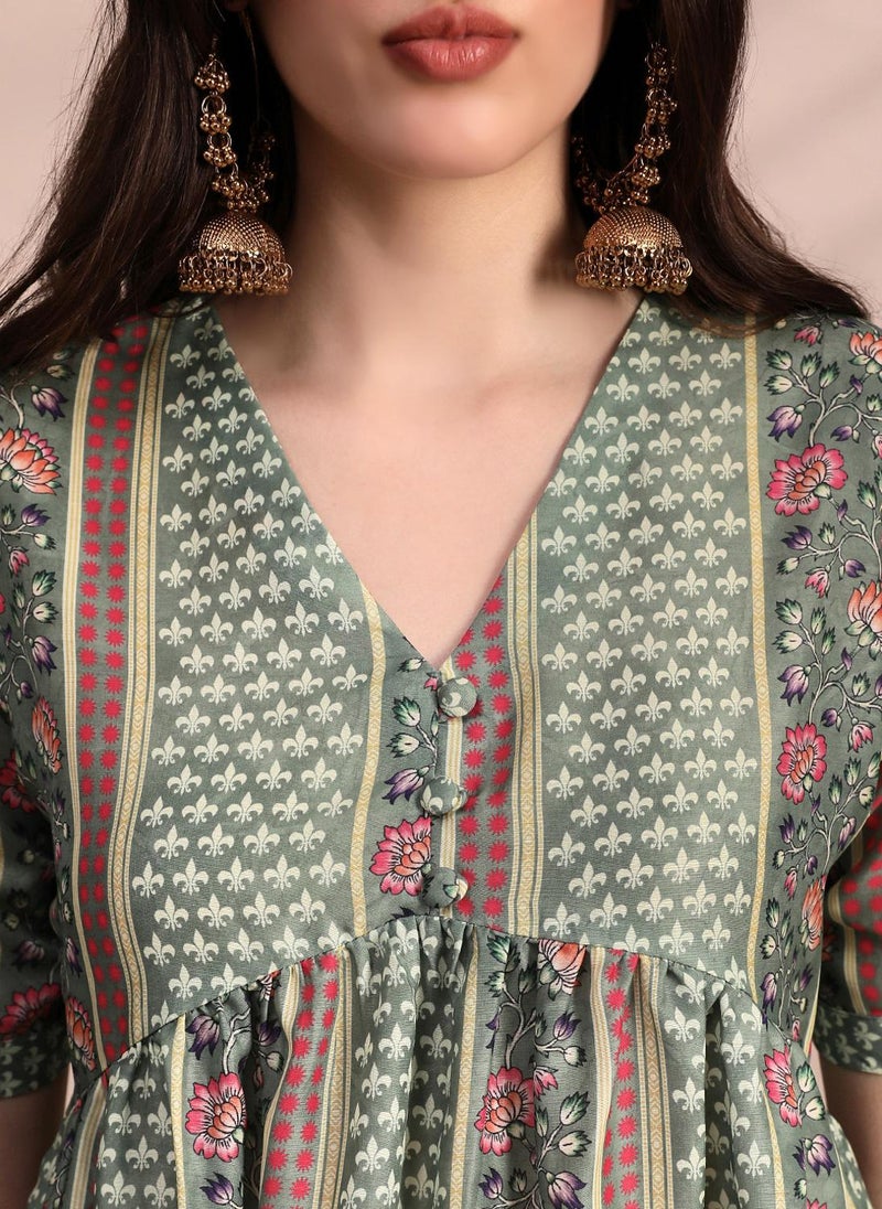 Globus Women Green Ethnic Print V-Neck Gathered Detail Tunic & Mid Rise Wide Leg Trouser Fusion Co-Ord Set - Image 5